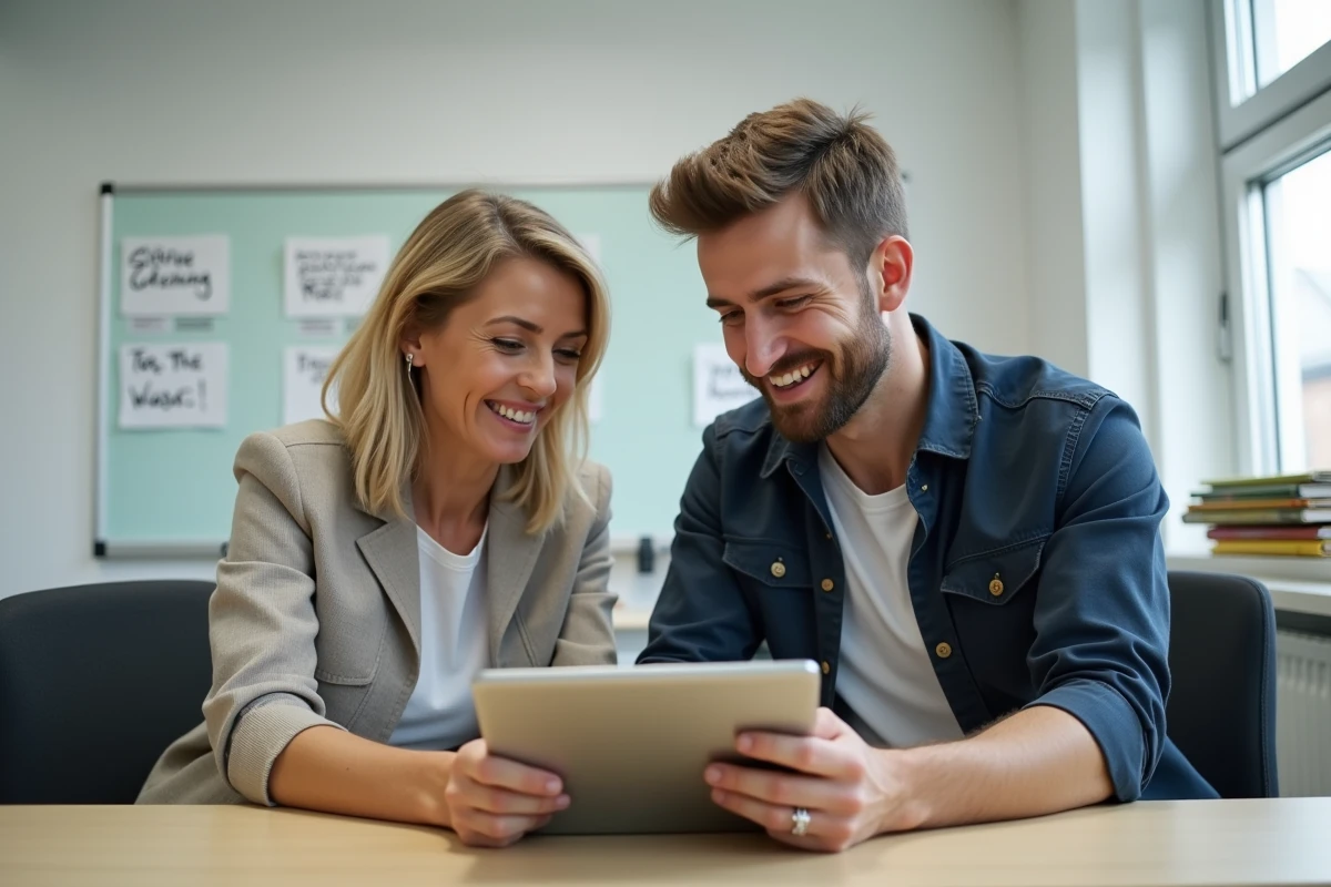 Deux employés d'auto-école en formation sur le logiciel Elgeaweb V3 avec une tablette dans une salle de formation
