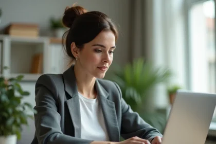 Formatrice en ligne travaillant sur son tableau de bord Systeme.io depuis un bureau à domicile moderne