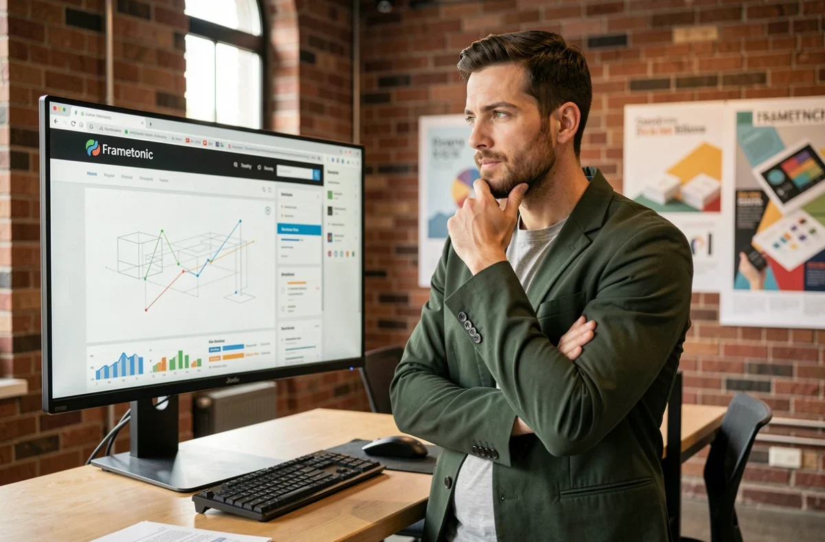 Spécialiste SEO et UX de Frametonic devant un écran montrant maquette de site et analytics de trafic