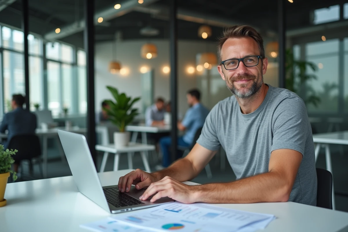 Freelance masculin analysant des factures et un tableau de bord comptable dans un espace de coworking moderne