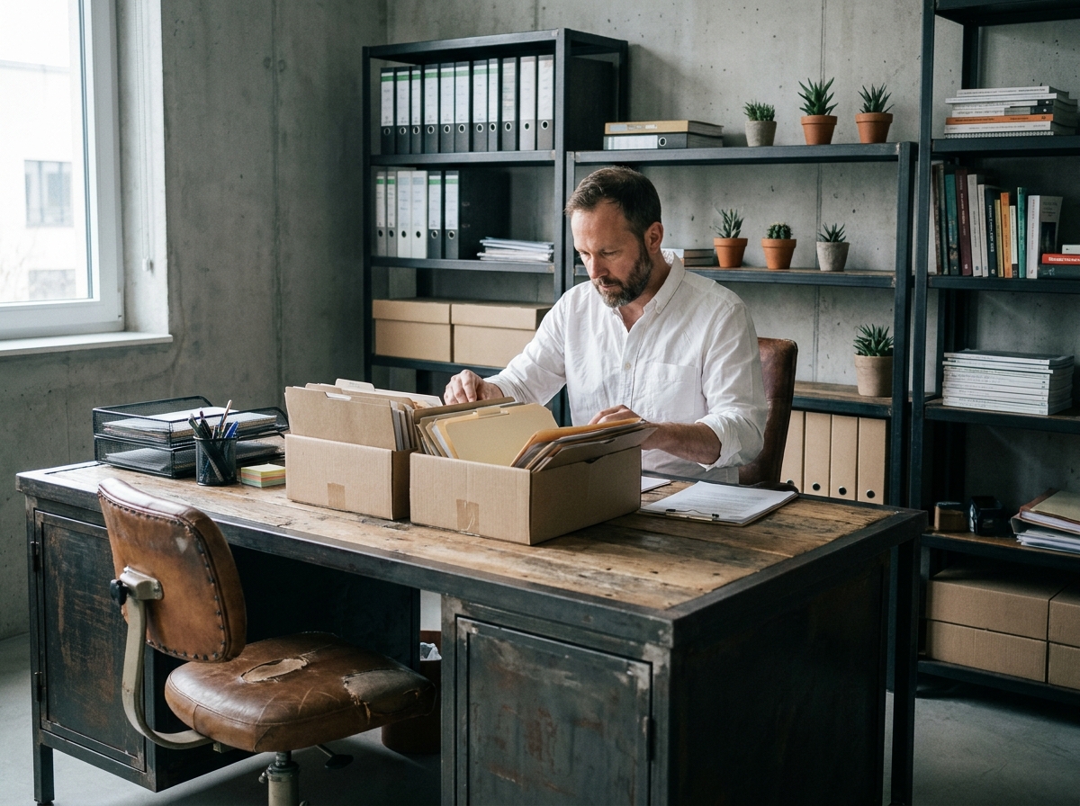 Freelance masculin travaillant à un bureau industriel d'occasion avec étagères métalliques et mobilier recyclé