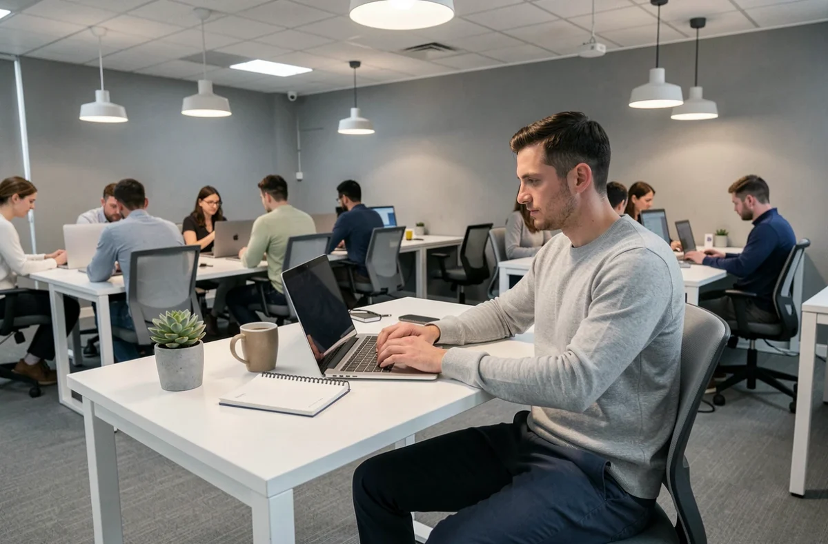Freelance travaillant en portage salarial dans un espace de coworking moderne