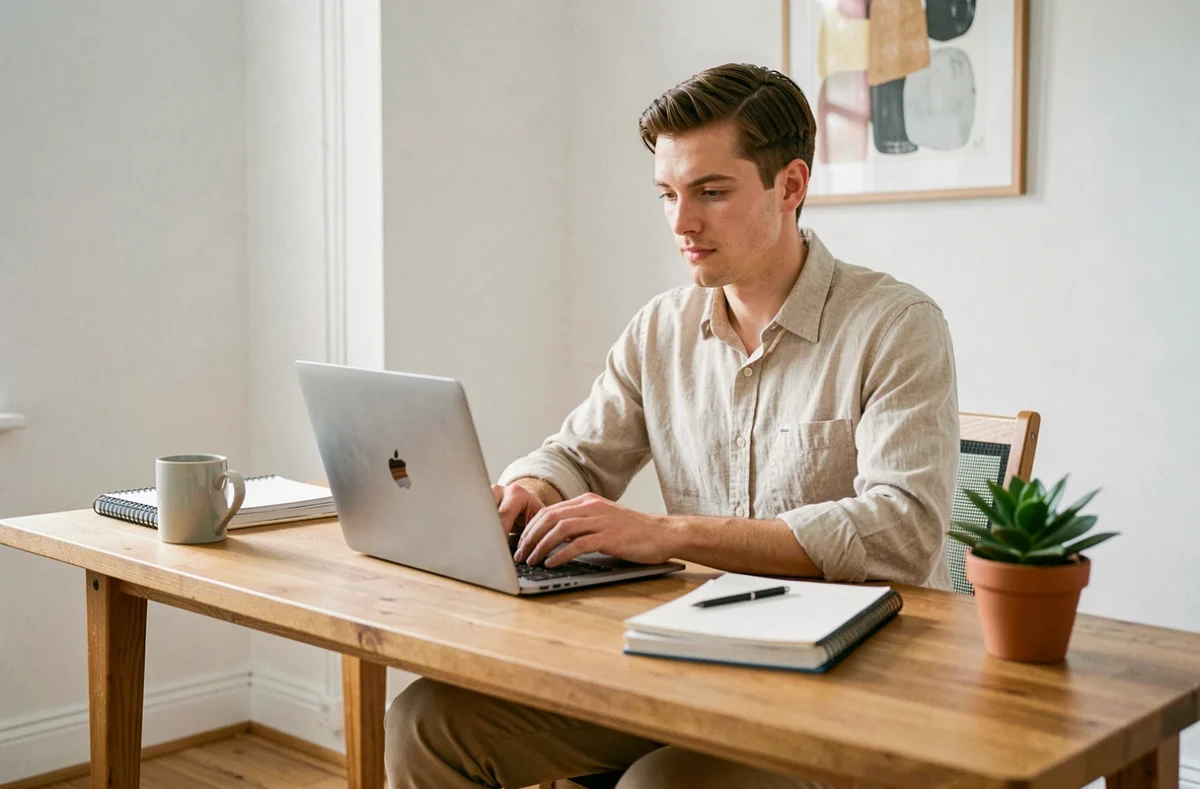 Freelance en télétravail gérant son activité via une solution de portage salarial depuis son bureau à domicile
