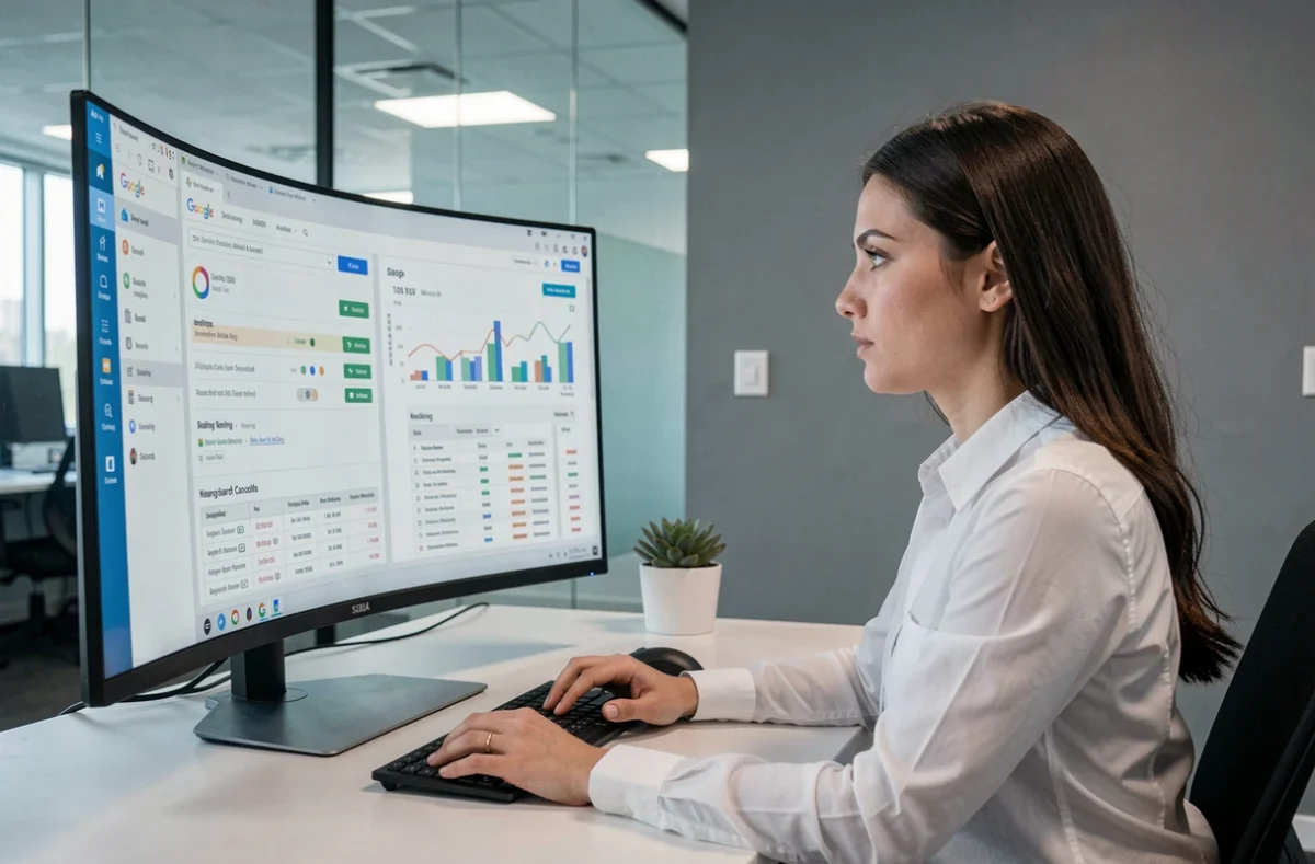 Spécialiste SEO de GentleView Lyon analysant les performances de référencement d'un site internet sur un grand écran