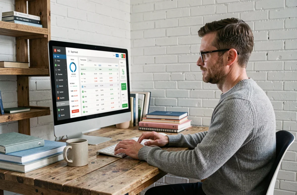 Travailleur indépendant gérant le suivi de ses factures clients sur un tableau de bord financier depuis son bureau à domicile