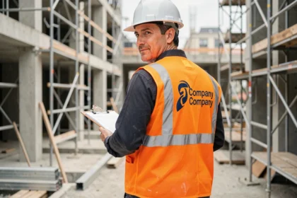 Responsable de chantier portant un gilet de sécurité orange personnalisé avec logo d'entreprise sur le dos