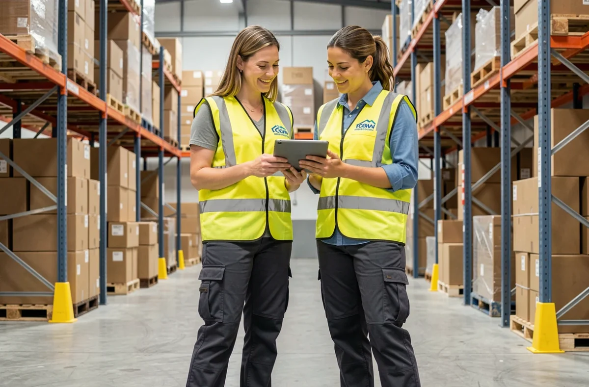 Deux employées d'entrepôt portant des gilets haute visibilité jaunes avec logo personnalisé d'entreprise