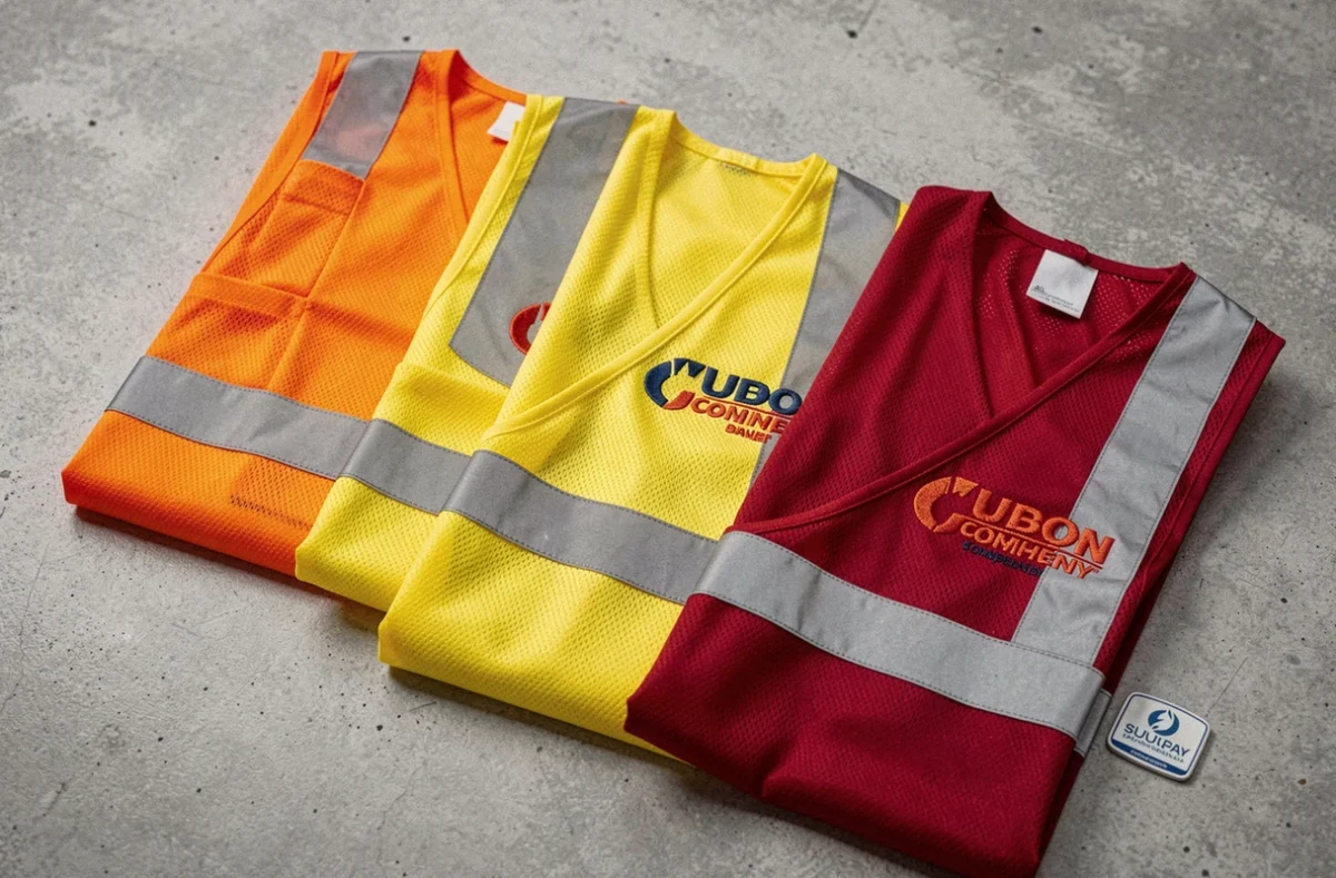 Trois gilets de sécurité personnalisés avec logo entreprise en vue à plat sur fond béton texturé