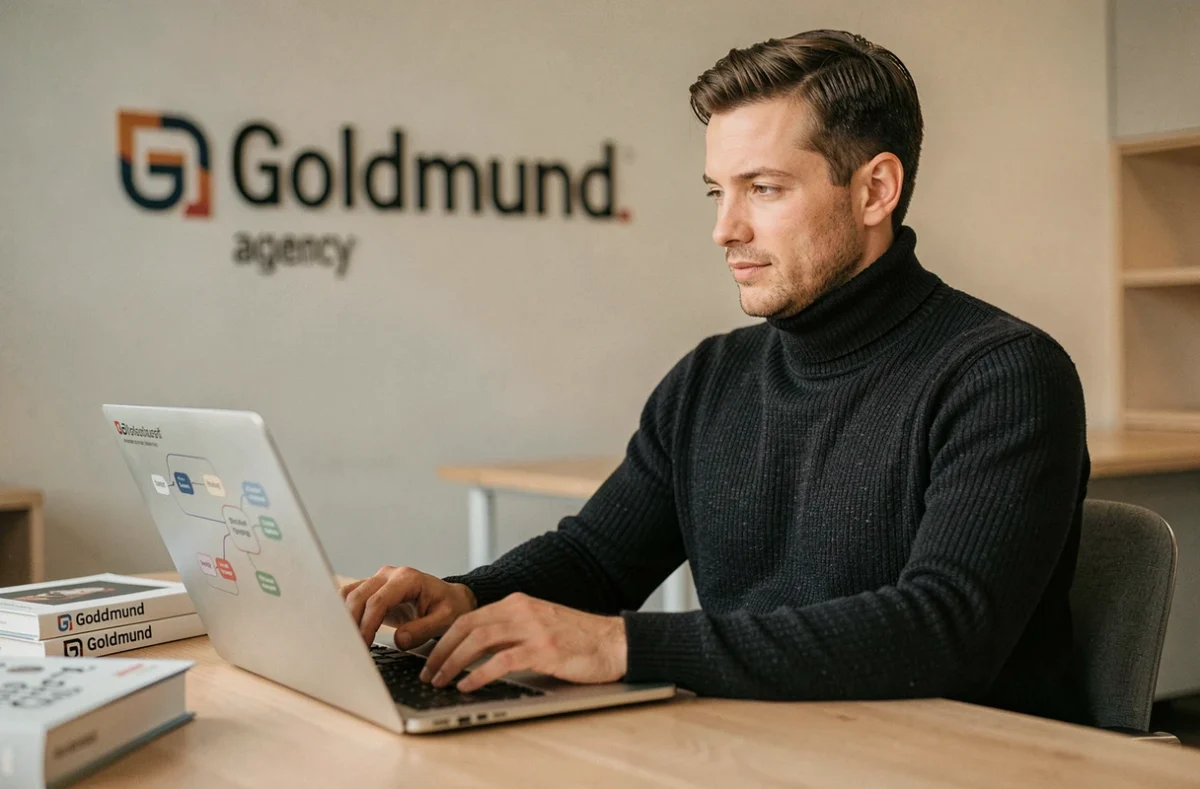 Stratège digital de Goldmund en pull col roulé travaillant sur une carte mentale de contenu SEO
