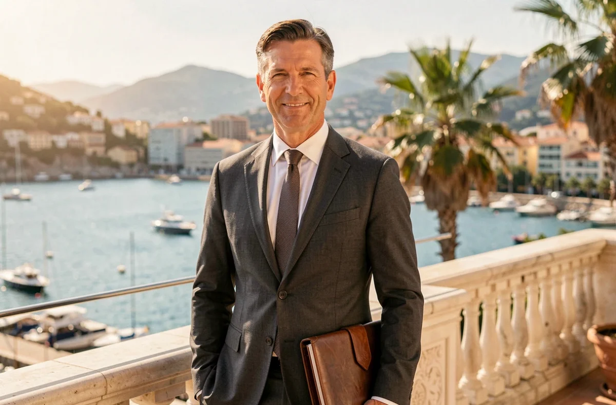 Avocat Gregory Damy à Nice en costume sur une terrasse avec vue sur la Baie des Anges