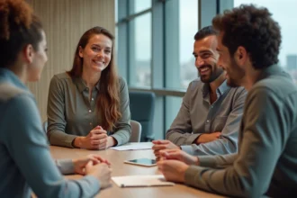 Groupe de quatre adultes en réunion dans un bureau moderne
