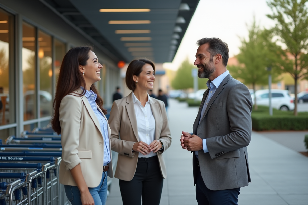Groupe divers de personnes discutant devant un magasin