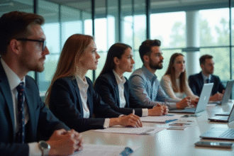 Jeunes adultes en affaires écoutant une présentation dans un bureau moderne