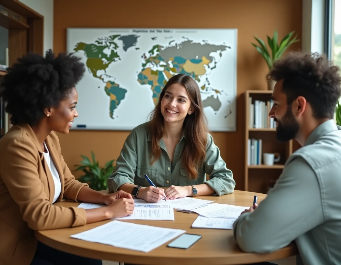 Groupe de professionnels discutant de parcours de carrière dans l'écologie autour d'une table dans un bureau d'une ONG environnementale