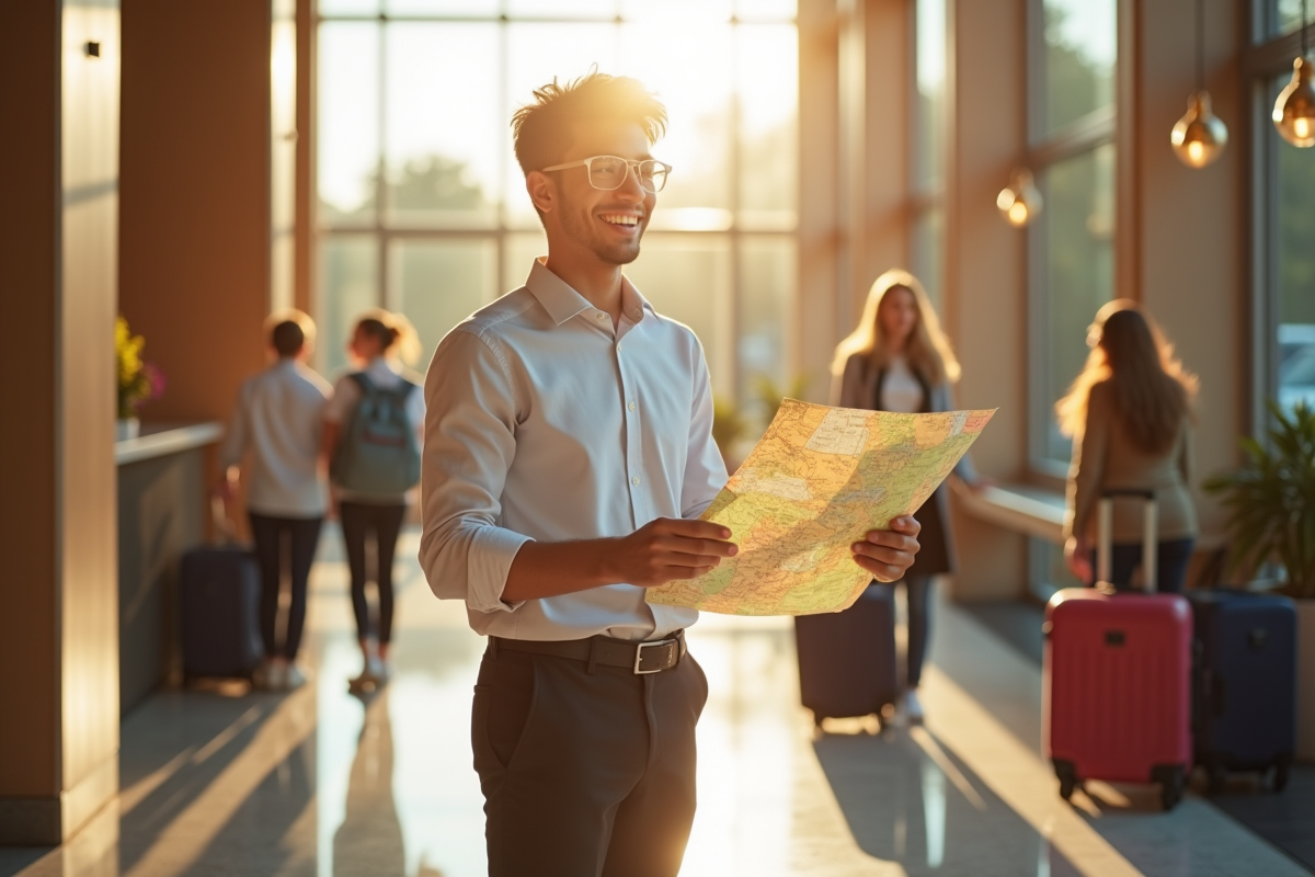 Étudiant guidant des visiteurs avec une carte dans un hall d
