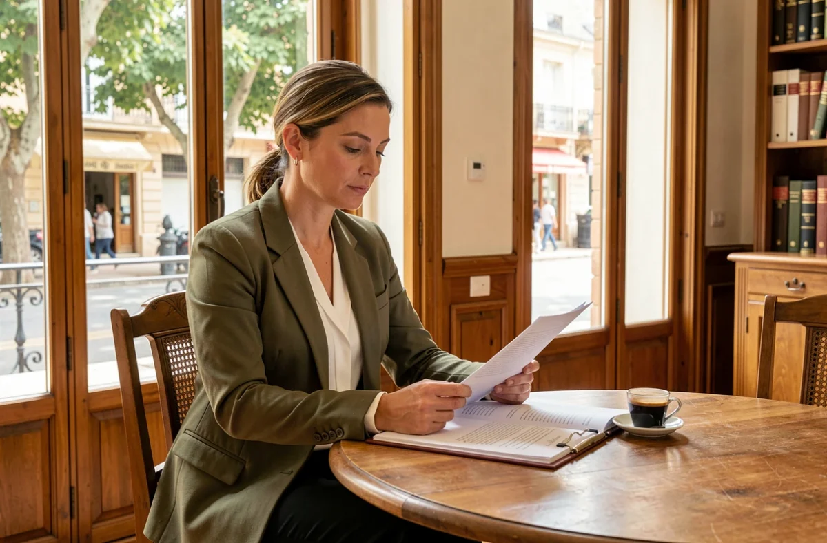 Avocate de Guyader Avocat à Aix-en-Provence lisant un dossier dans son bureau provençal