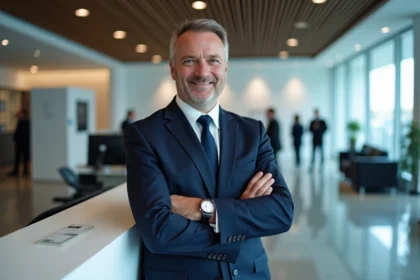 Homme d affaires en costume devant le siège Dassault