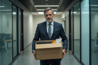 Homme d affaires avec boîte de bureau en transition