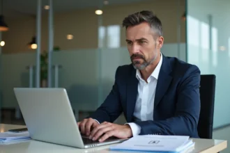 Homme d'affaires concentré sur son ordinateur en bureau moderne