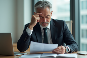 Homme d'affaires en costume dans un bureau moderne en réflexion