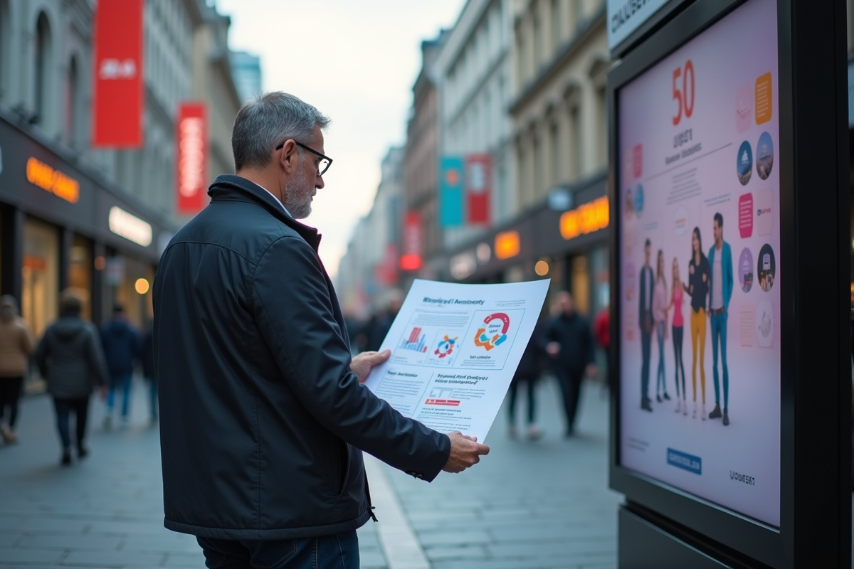 Homme en ville analysant un graphique marketing
