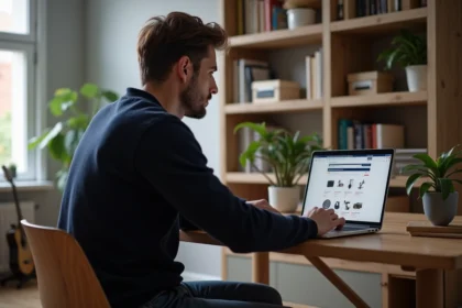 Homme concentré utilisant un site Thomann sur son ordinateur à la maison