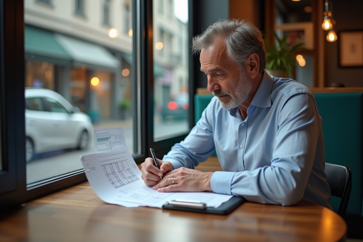 Homme analysant ses résultats de test dans un café urbain
