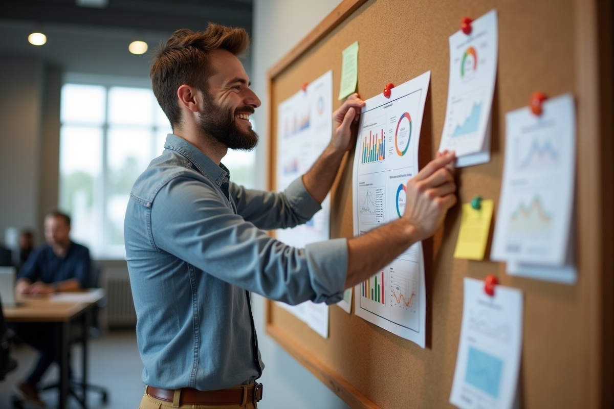 Jeune homme pinçant une infographie sur un tableau créatif