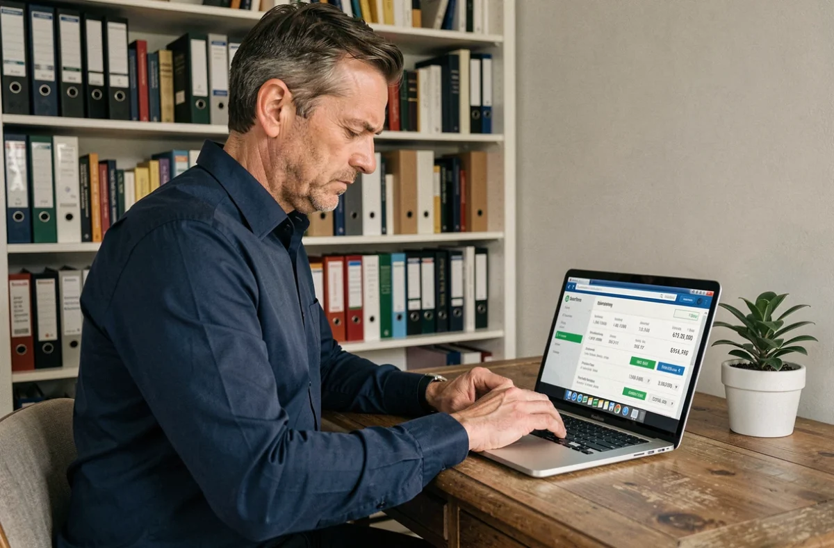 Homme consultant ses transactions bancaires en ligne sur un ordinateur portable pour identifier un prélèvement FRANCILIANE