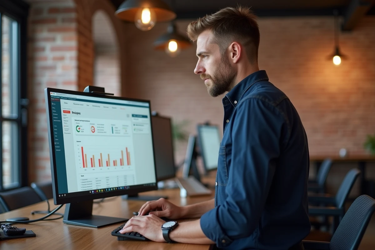 Homme en chemise bleue analysant un tableau de bord de blog dans un espace de coworking moderne pour apprendre le business en ligne