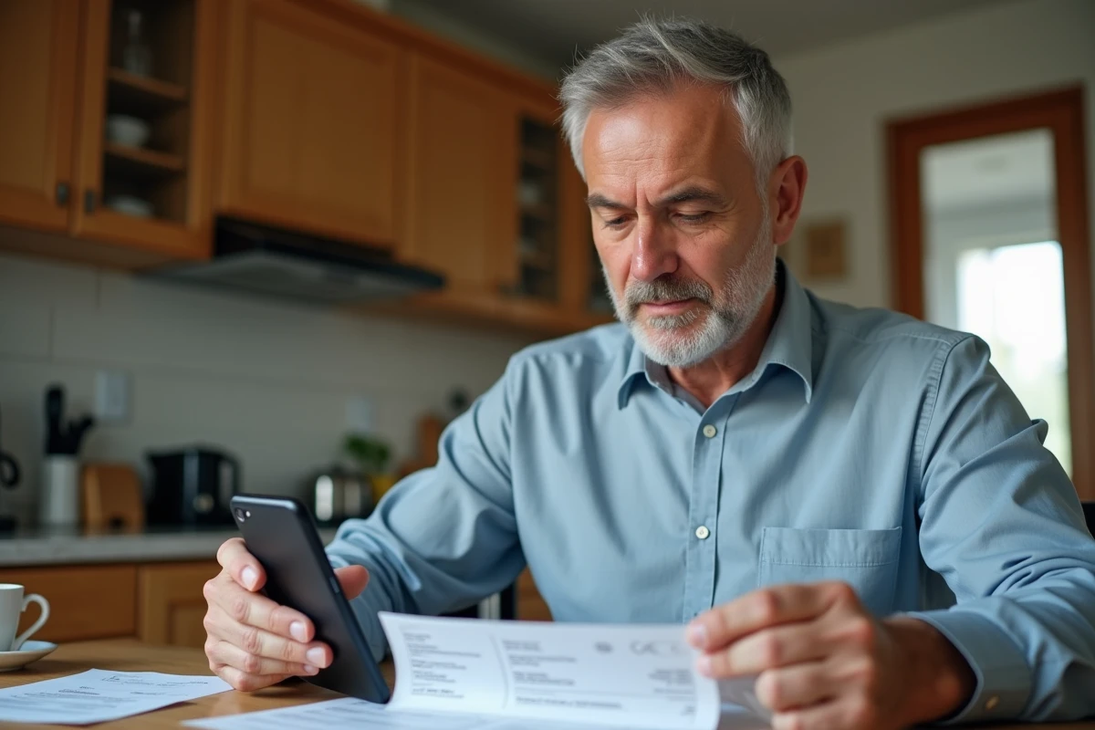 Homme vérifie son bulletin de salaire avec smartphone à la maison
