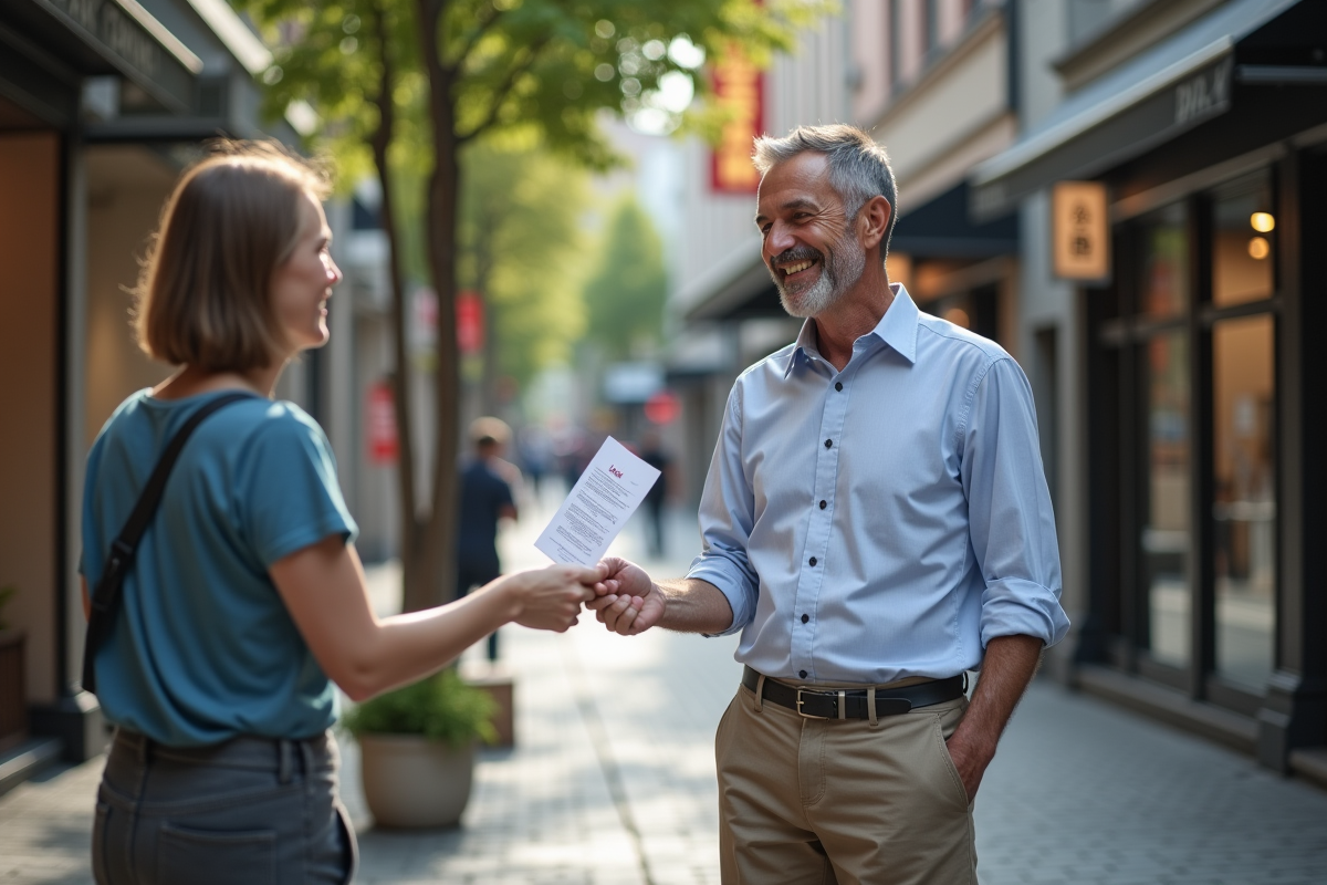 Homme distribuant un flyer dans une rue urbaine animée