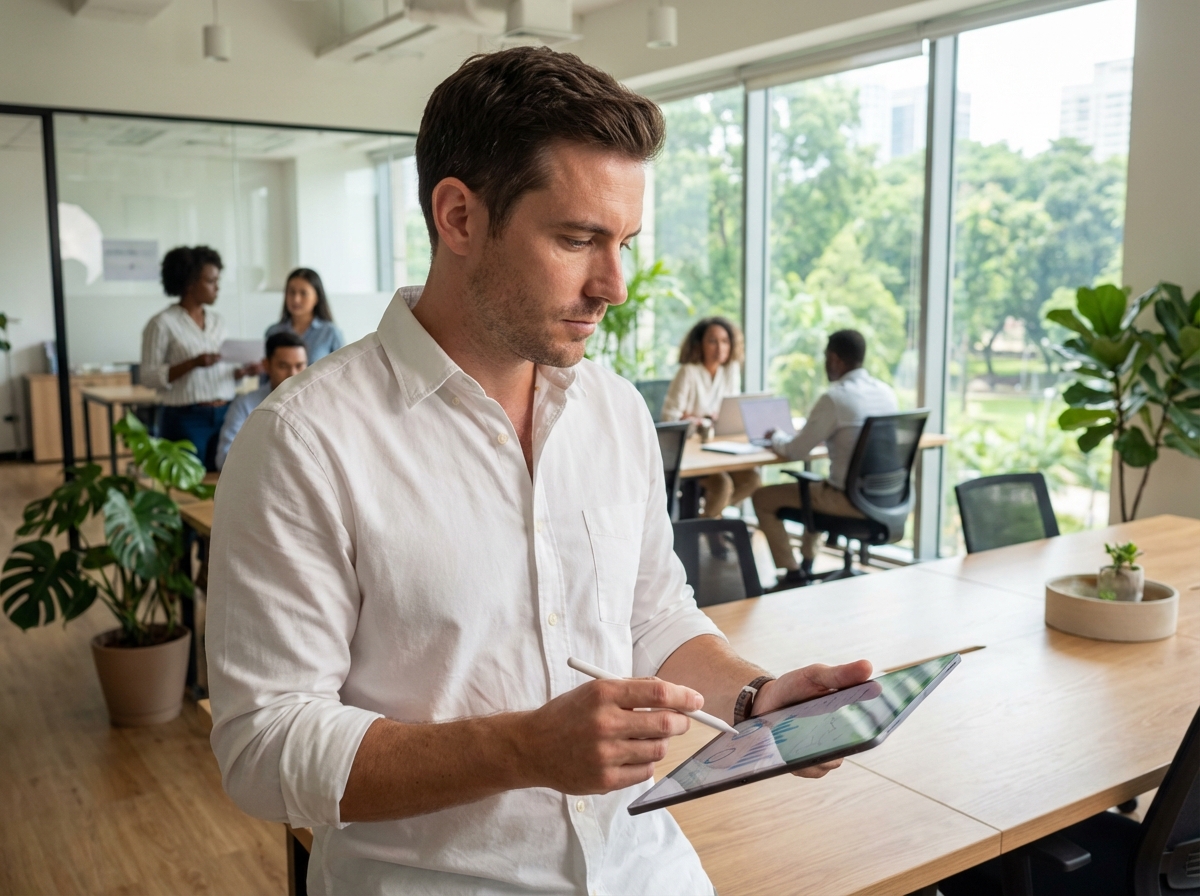 Homme examinant un document pour le recrutement