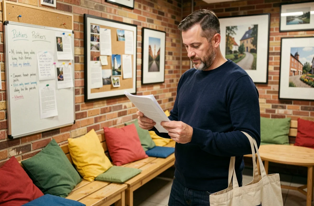 Homme d'affaires consultant des documents dans un espace de détente d'un coworking abordable à Poitiers