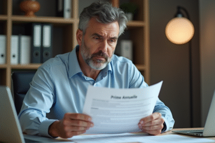 Homme d'âge moyen lisant un document prime annuelle au bureau