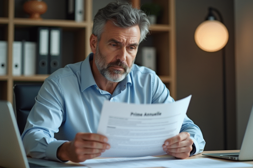 Homme d'âge moyen lisant un document prime annuelle au bureau