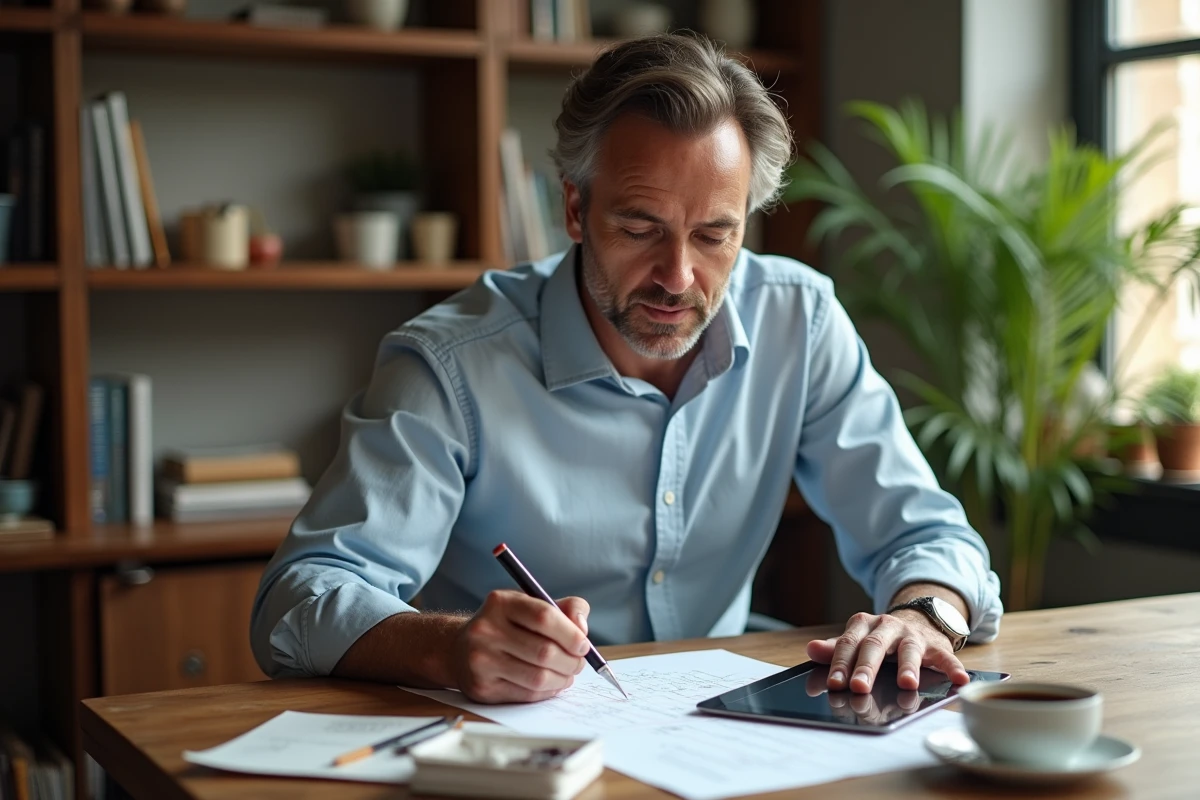 Homme créant une matrice McKinsey à la main dans un espace cosy