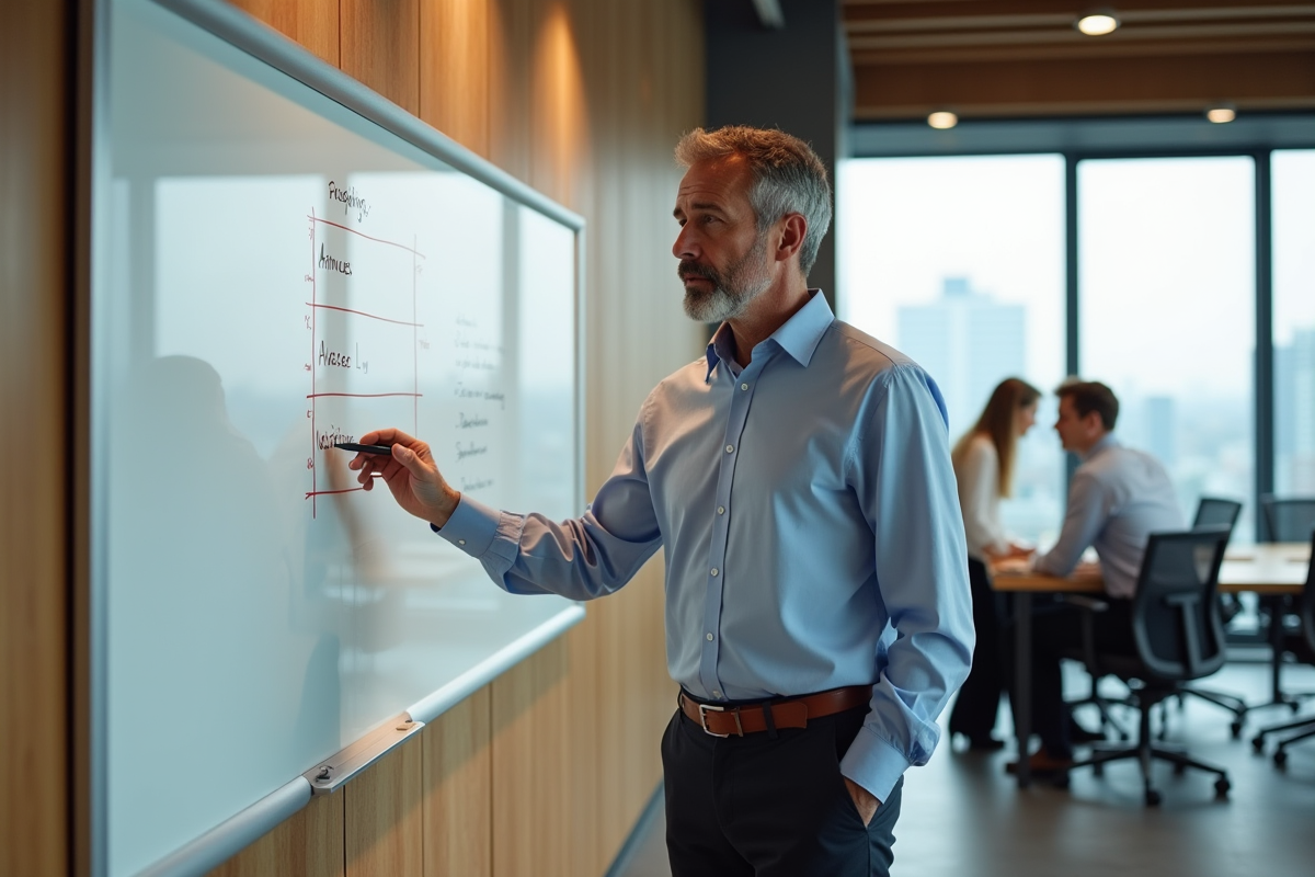 Homme en réunion indique des jalons de projet sur un tableau blanc