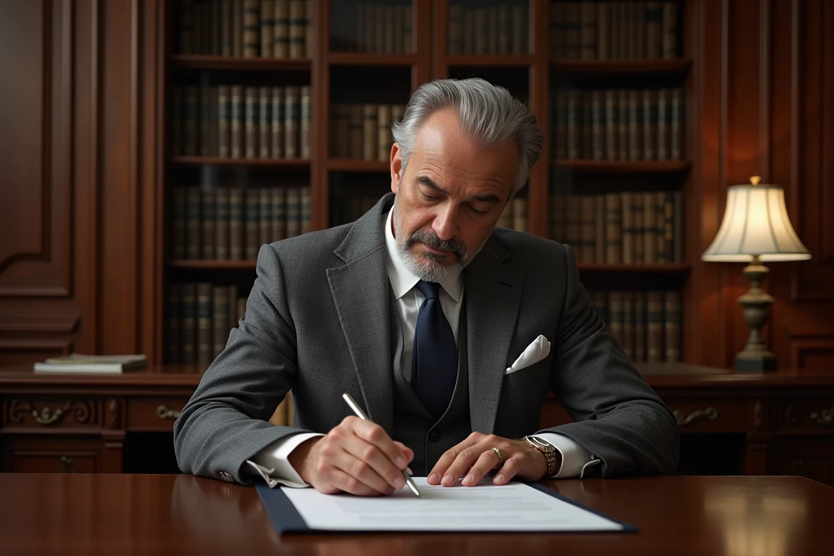 Notaire apposant un tampon sur un document officiel