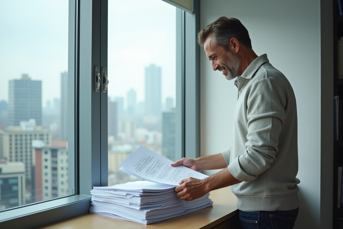 Homme organisant des documents financiers près d
