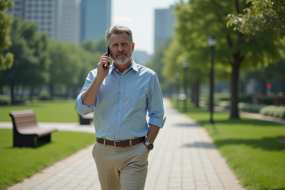 Homme dans un parc urbain parlant au téléphone pour {titre}