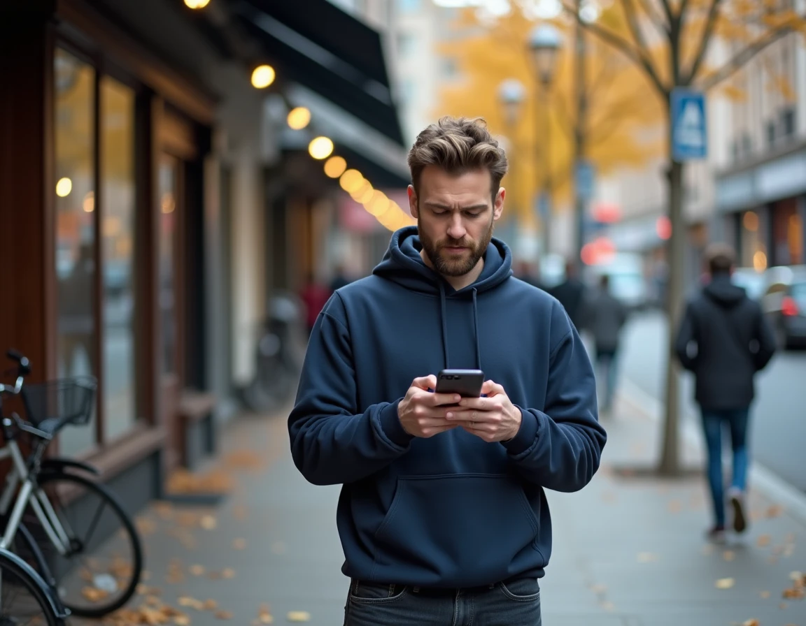 Homme consultant une plateforme de vente mobile sur son smartphone en pleine rue
