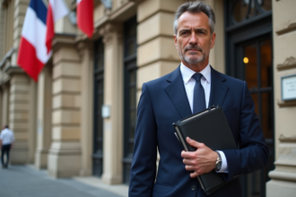 Homme politique français en costume navy devant un bâtiment officiel