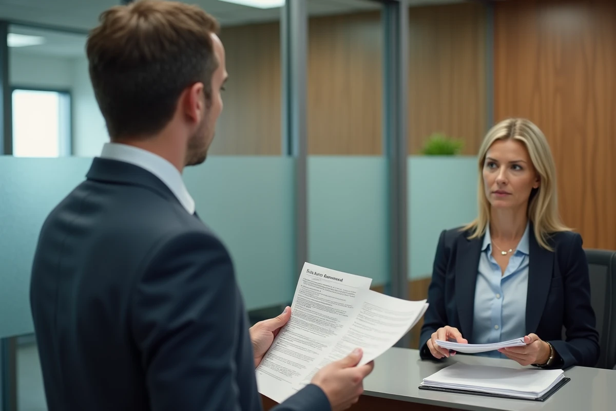 Homme d affaires parlant avec une réceptionniste en entreprise