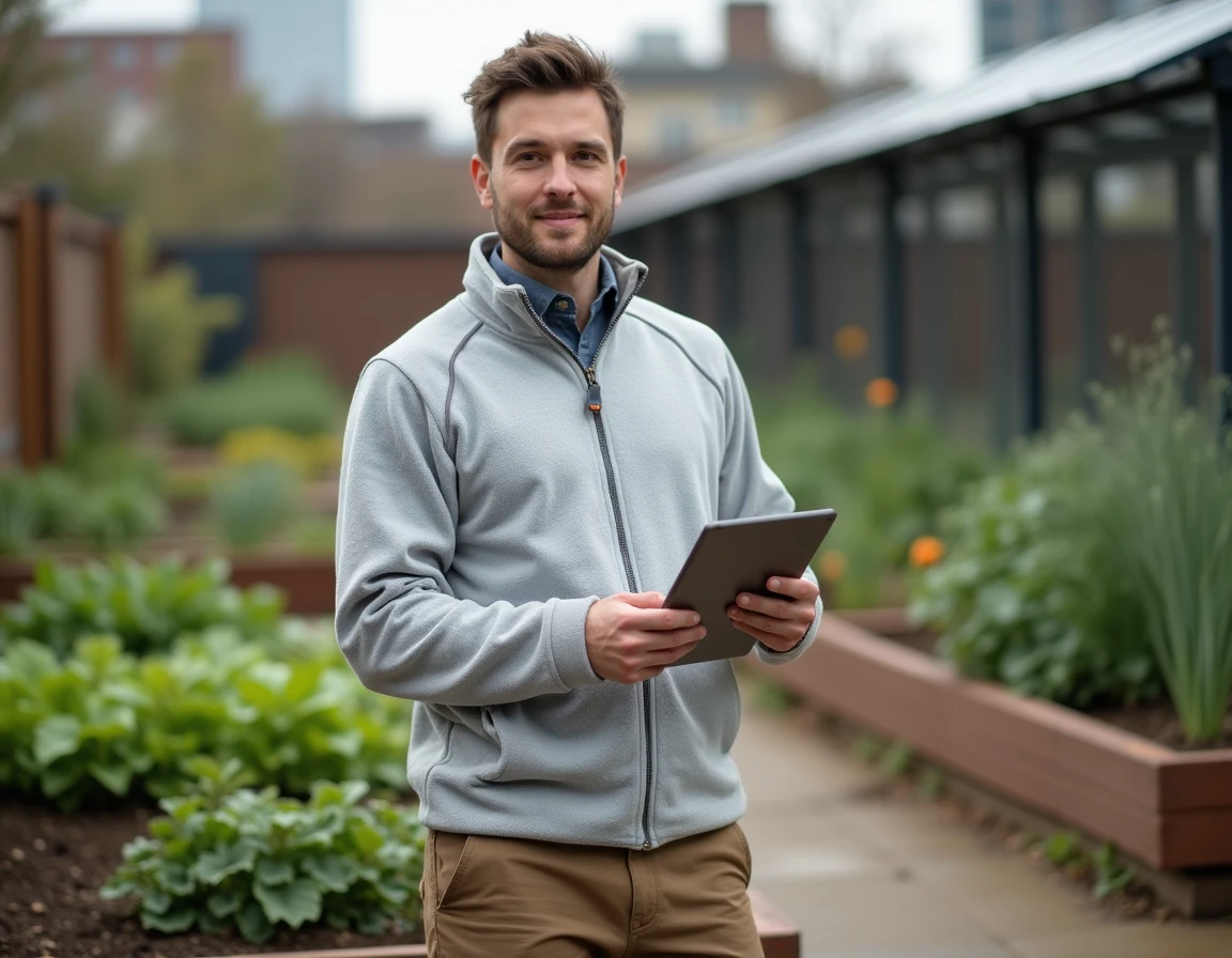 Homme consultant un réseau professionnel sur tablette dans un jardin urbain écologique avec panneaux solaires en arrière-plan
