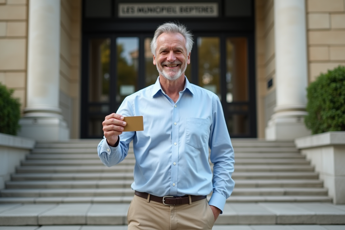 Homme souriant tenant sa carte professionnelle devant un bâtiment officiel