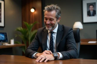 Homme d'affaires en costume regardant sa montre élégante