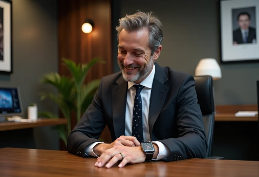 Homme d'affaires en costume regardant sa montre élégante