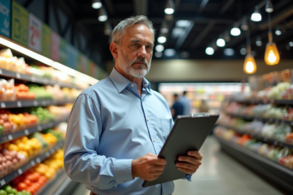Homme d'âge moyen dans un supermarché avec un clipboard