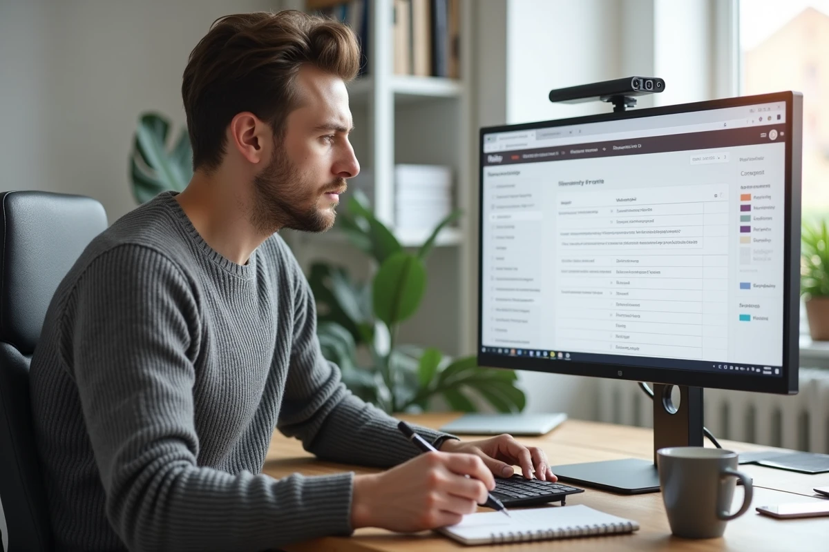 Homme en télétravail évaluant son profil investisseur sur un écran d'ordinateur dans un bureau minimaliste